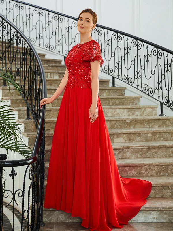 Vestidos para madre de la novia de corte A/princesa, de gasa, con apliques, escote redondo, mangas cortas y cola larga