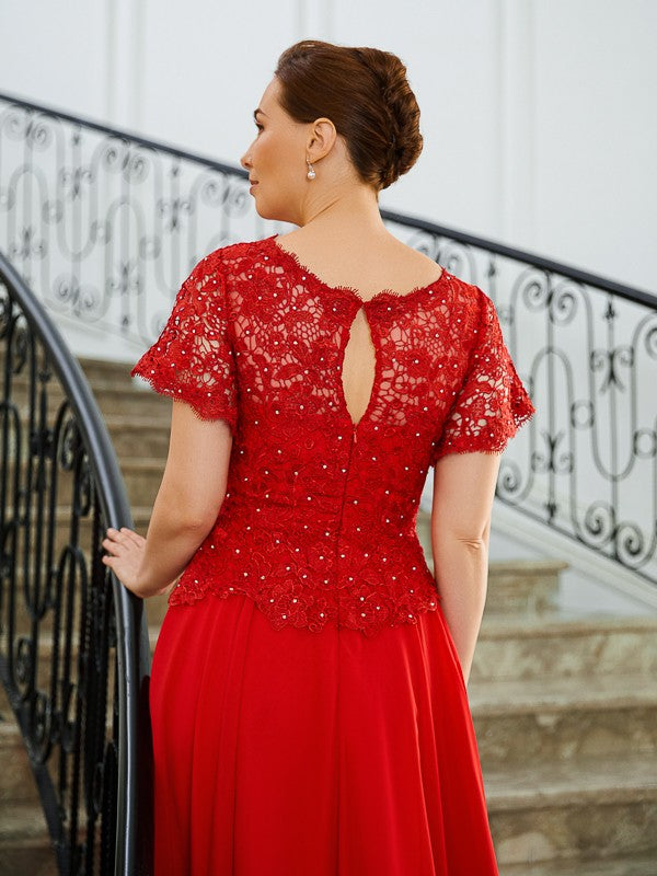 Vestidos para madre de la novia de corte A/princesa, de gasa, con apliques, escote redondo, mangas cortas y cola larga