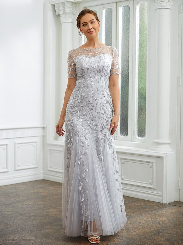 Vestidos de Madre de la Novia de Corte A/Princesa, Tul Fruncido, Escote Barco, Mangas Cortas, Largo hasta los Tobillos