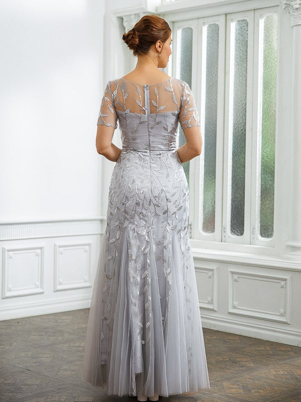 Vestidos de Madre de la Novia de Corte A/Princesa, Tul Fruncido, Escote Barco, Mangas Cortas, Largo hasta los Tobillos