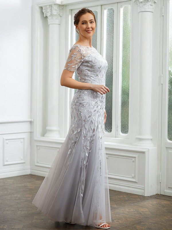 Vestidos de Madre de la Novia de Corte A/Princesa, Tul Fruncido, Escote Barco, Mangas Cortas, Largo hasta los Tobillos