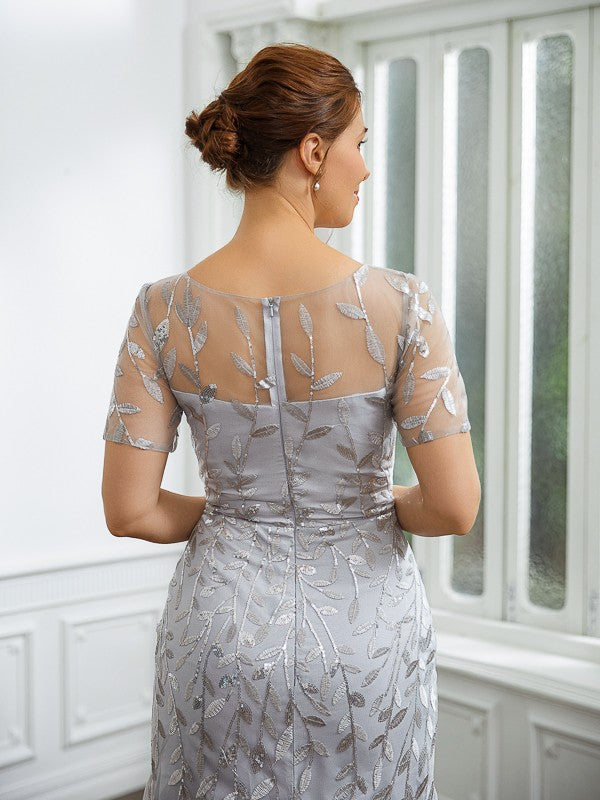 Vestidos de Madre de la Novia de Corte A/Princesa, Tul Fruncido, Escote Barco, Mangas Cortas, Largo hasta los Tobillos