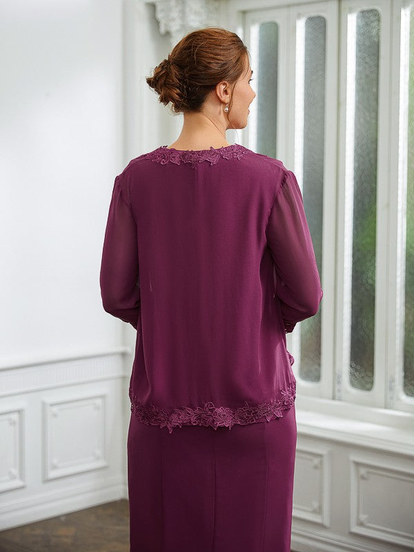 Abiti da madre della sposa a tubino/colonna in chiffon con applicazioni, scollo a V, senza maniche, lunghezza tè