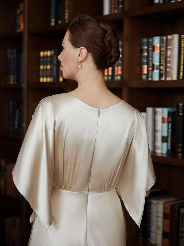 Vestidos para madre de la novia de corte A/princesa, satén tipo seda, fruncido, escote redondo, mangas 1/2, largo hasta los tobillos