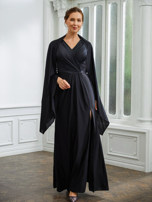 Black Chiffon A-Line Floor-Length Evening Dress with Cape