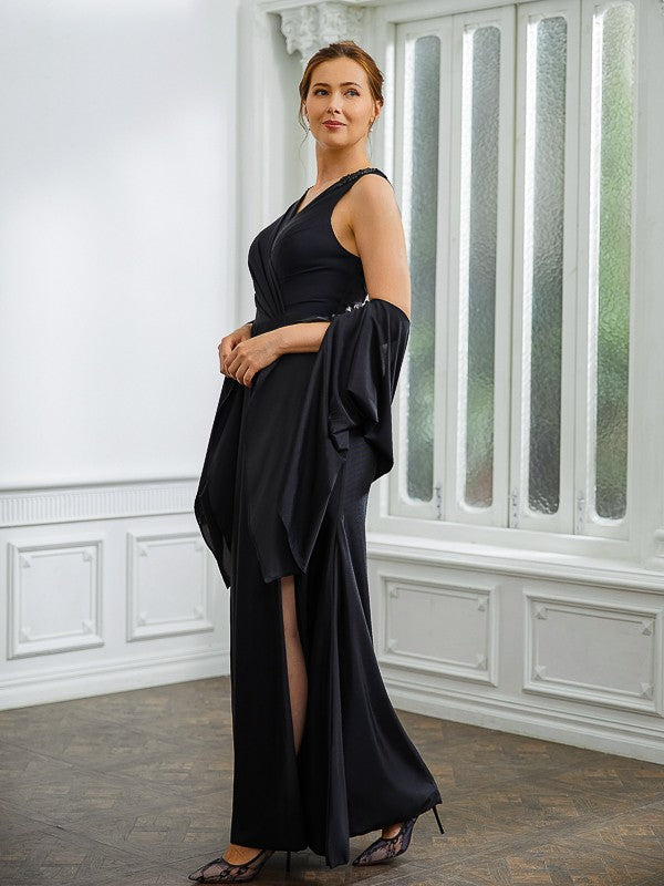 Black Chiffon A-Line Floor-Length Evening Dress with Cape