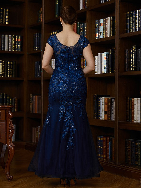 Dark Navy Embroidered Tulle Mermaid Floor-Length Gown - V-Neck Prom & Evening Dress