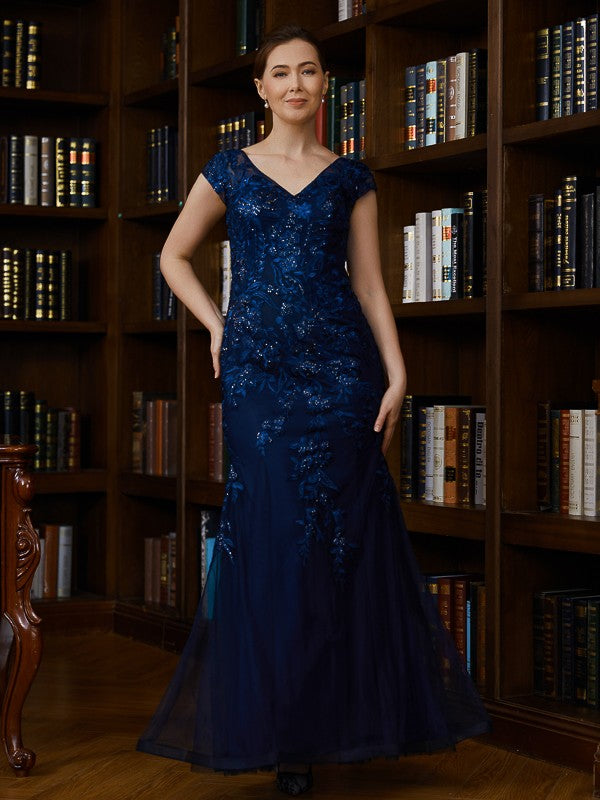 Dark Navy Embroidered Tulle Mermaid Floor-Length Gown - V-Neck Prom & Evening Dress