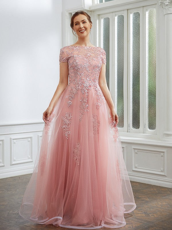 Pink Tulle A-Line Floor-Length Bridesmaid Dress with Illusion Neckline