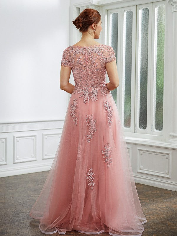 Pink Tulle A-Line Floor-Length Bridesmaid Dress with Illusion Neckline