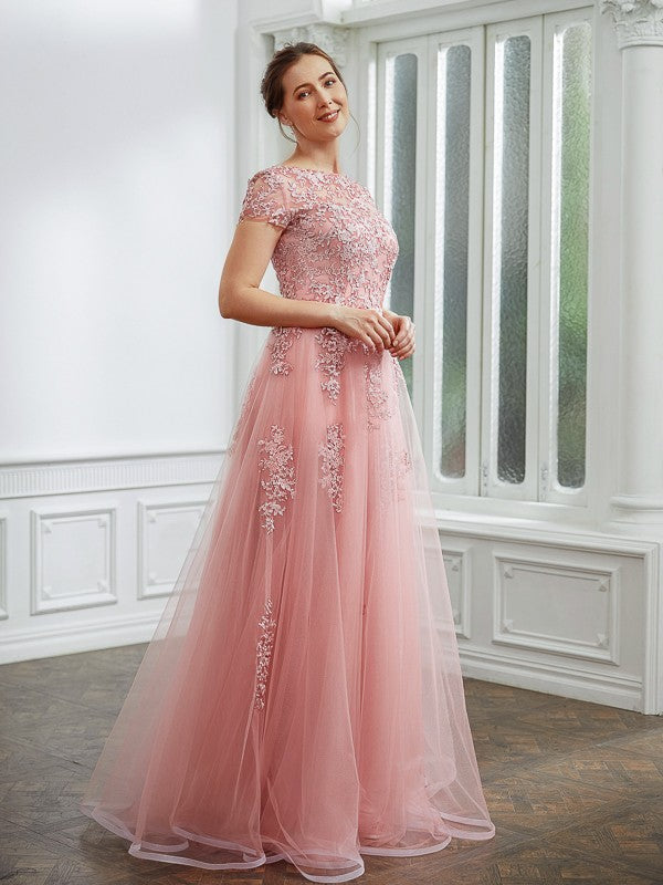 Pink Tulle A-Line Floor-Length Bridesmaid Dress with Illusion Neckline