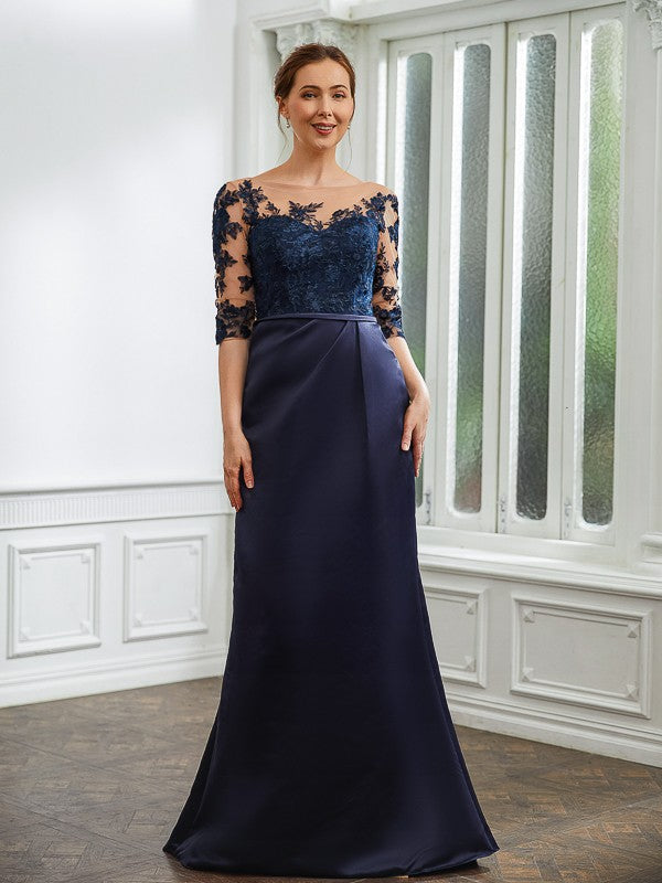 Dark Navy Satin A-Line Floor-Length Evening Dress with Lace & Illusion Sleeves