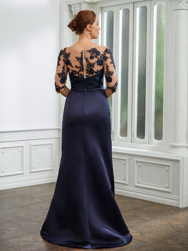 Dark Navy Satin A-Line Floor-Length Evening Dress with Lace & Illusion Sleeves