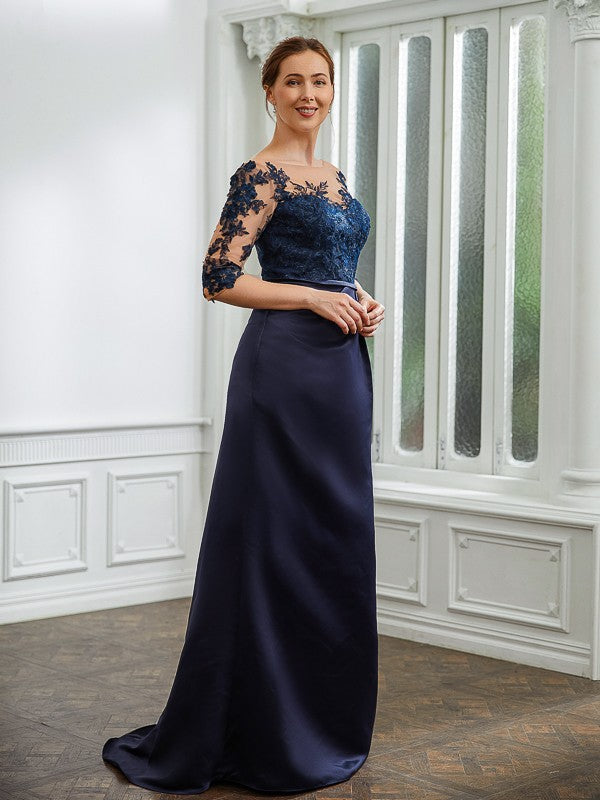 Dark Navy Satin A-Line Floor-Length Evening Dress with Lace & Illusion Sleeves