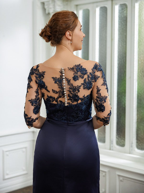 Vestidos para madre de la novia con corte tubo/columna, satén, apliques, escote barco, mangas 1/2, cola larga/cortada