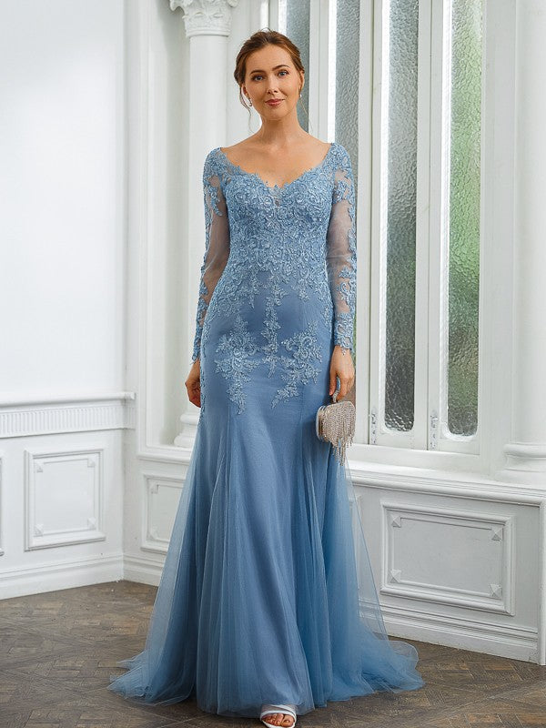 Dusty Blue Lace Tulle Mermaid Floor-Length Evening Dress