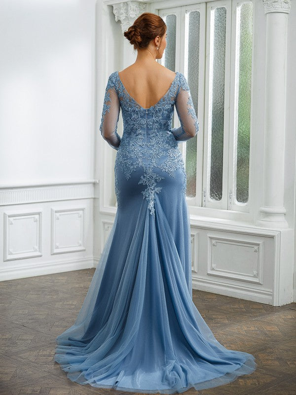 Dusty Blue Lace Tulle Mermaid Floor-Length Evening Dress
