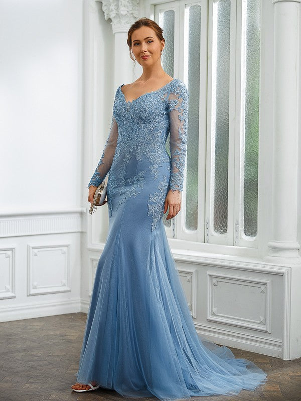 Dusty Blue Lace Tulle Mermaid Floor-Length Evening Dress