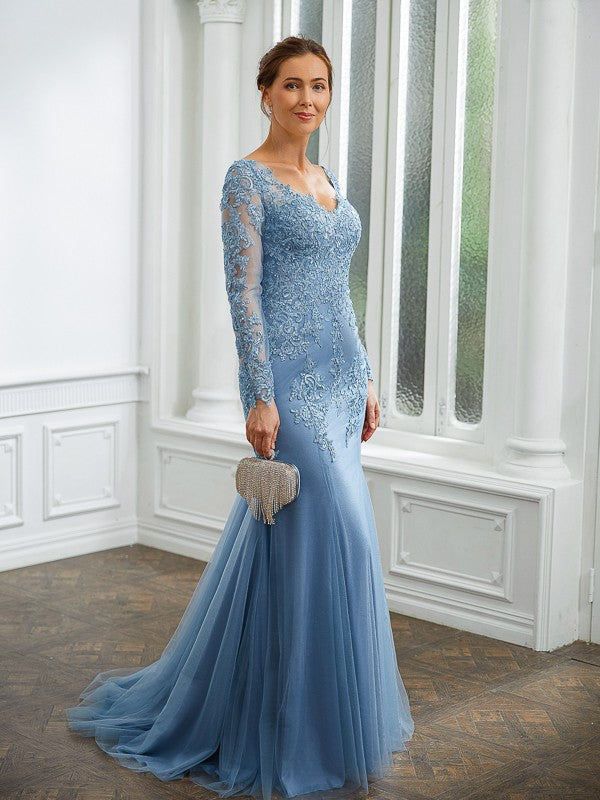 Dusty Blue Lace Tulle Mermaid Floor-Length Evening Dress