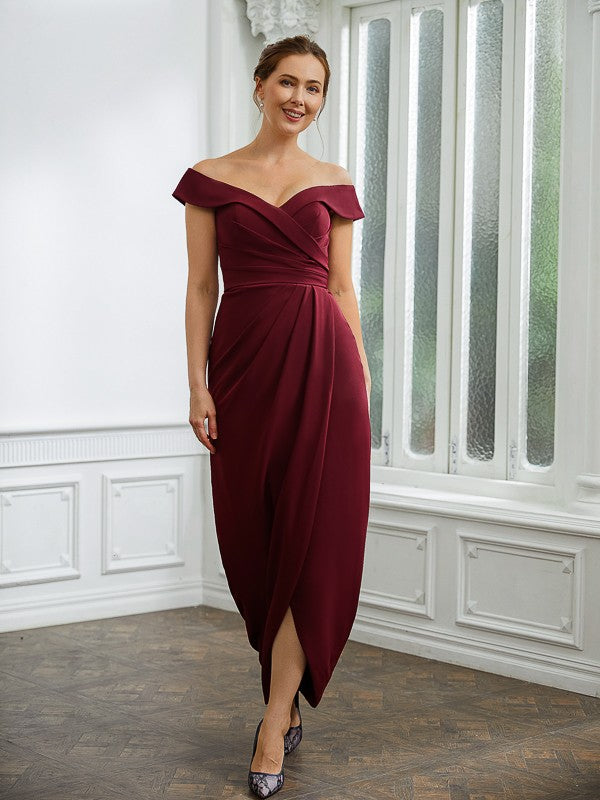Burgundy Off-the-Shoulder Midi Sheath/Column Dress with Tulip Hem
