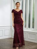 Burgundy Lace Sheath/column Off-the-Shoulder Floor-Length Bridesmaid Dress