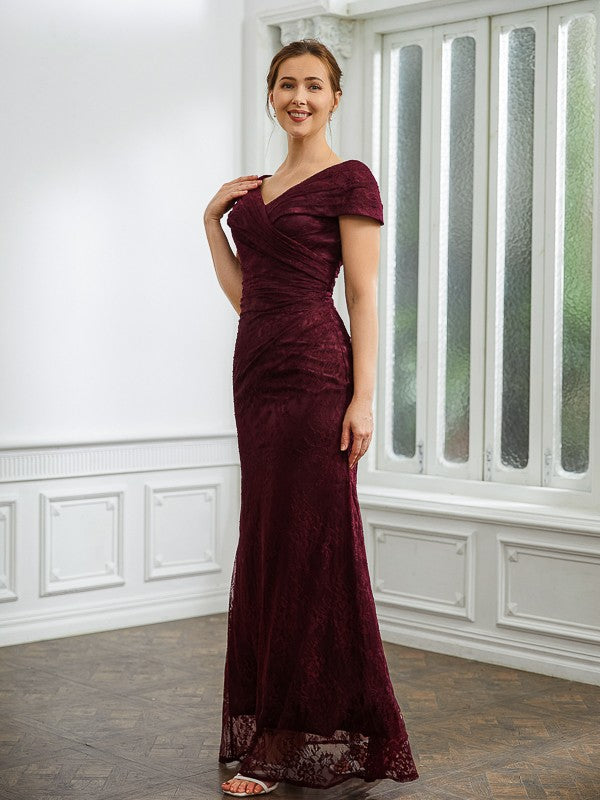 Burgundy Lace Sheath/column Off-the-Shoulder Floor-Length Bridesmaid Dress