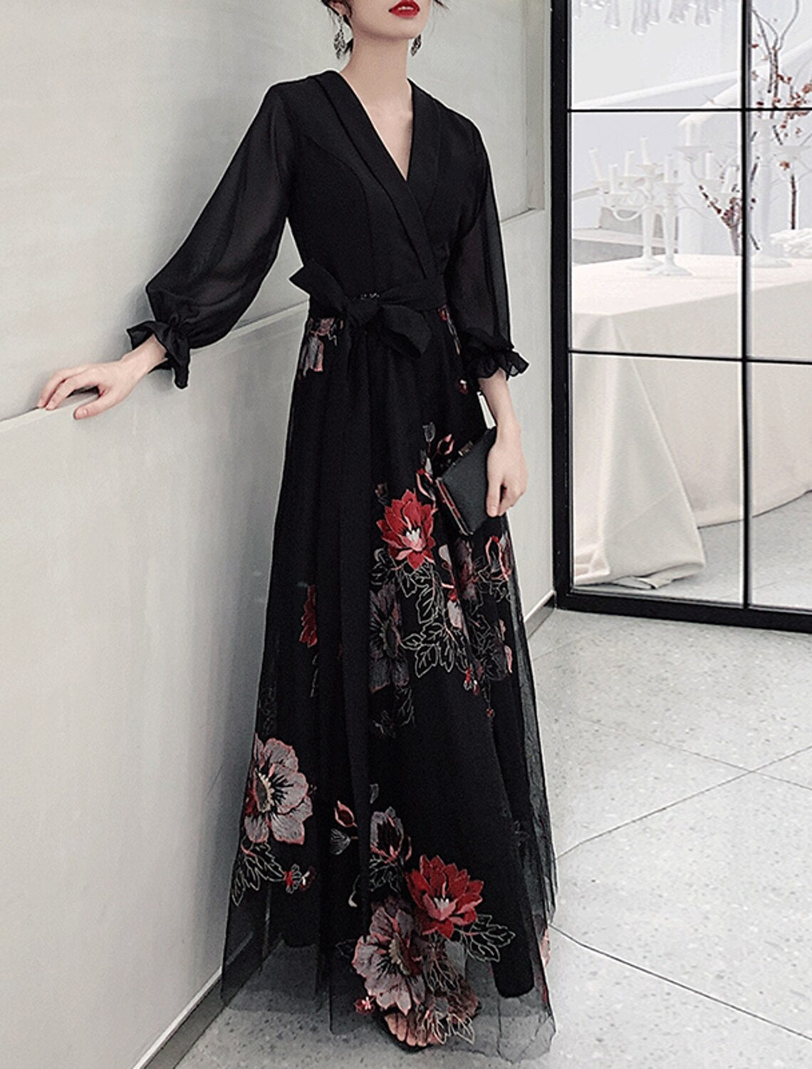 Black Chiffon A-Line Long Evening Dress with Floral Embroidery & V-Neck Wrap Bodice