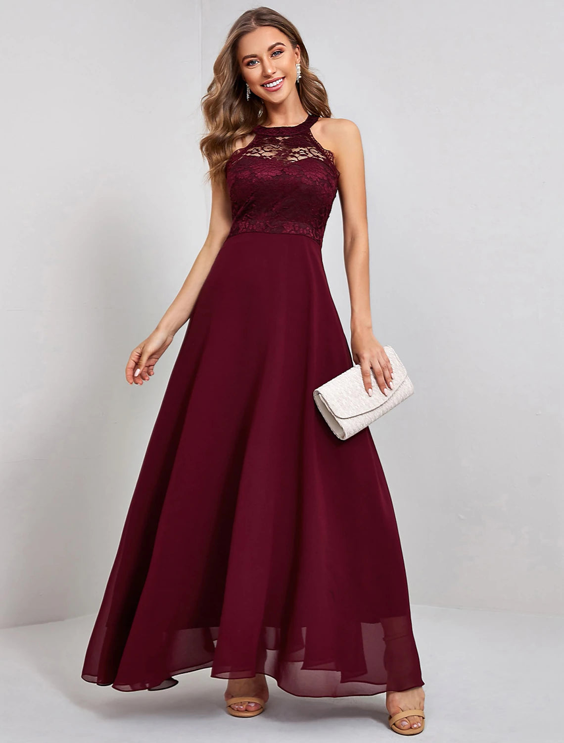 Abito da sera formale elegante in stile vintage a trapezio, senza maniche, lunghezza alla caviglia, in nylon con inserti in pizzo e cuciture in tinta unita