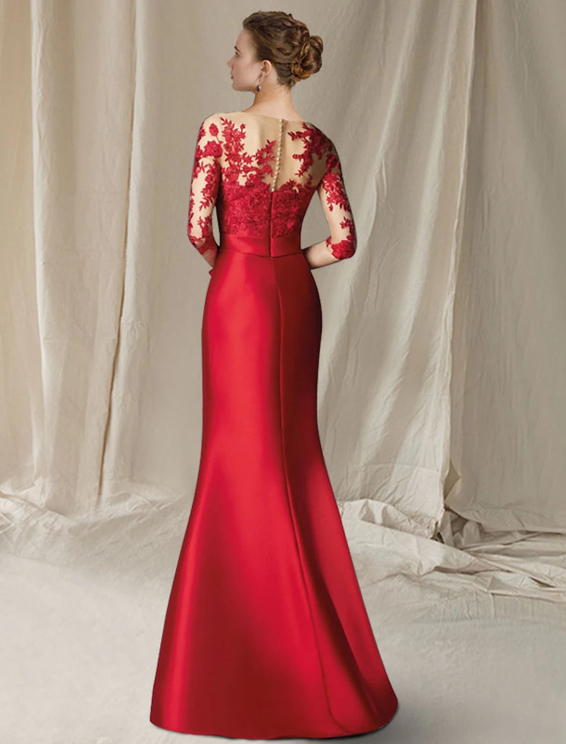 Vestido de sirena/trompeta para madre de la novia, talla grande, elegante, cuello joya, largo hasta el suelo, encaje satinado, media manga con apliques de lazo(s).