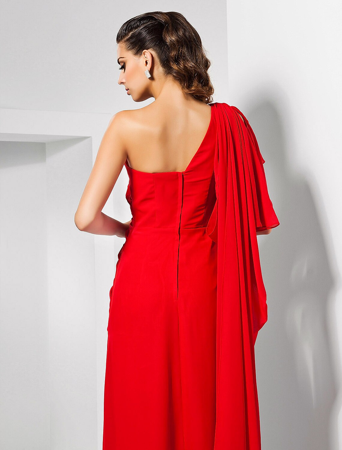 Red Chiffon A-Line Floor-Length Dress with One Shoulder & High Slit