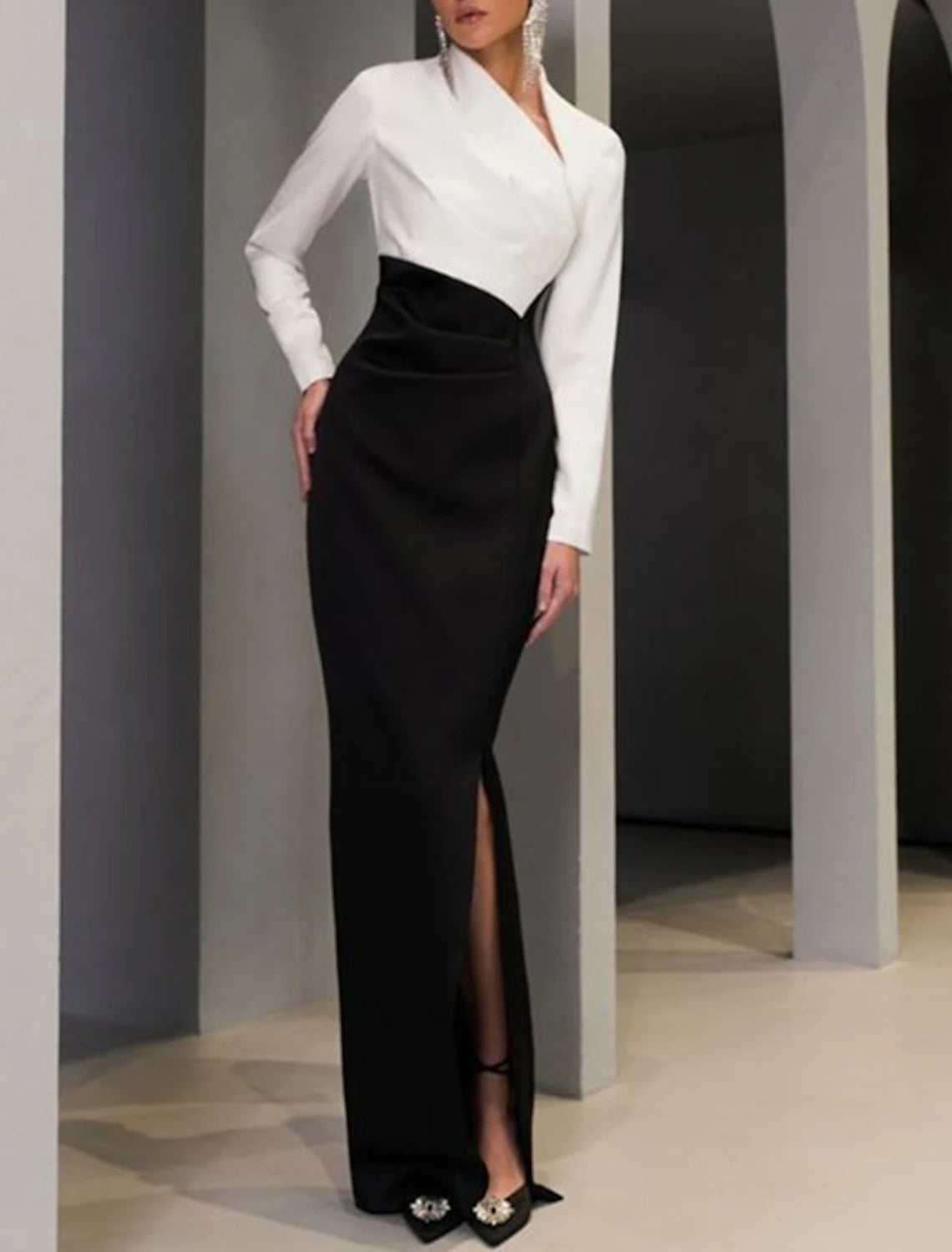 Vestido de sirena/trompeta para madre de la novia, formal, para invitada de boda, elegante, con abertura alta, escote en V, largo hasta el suelo, tela, manga larga con abertura frontal, bloque de color
