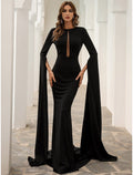 Black Crepe Mermaid Floor-Length Gown with Keyhole Neck & Dramatic Cape Sleeves