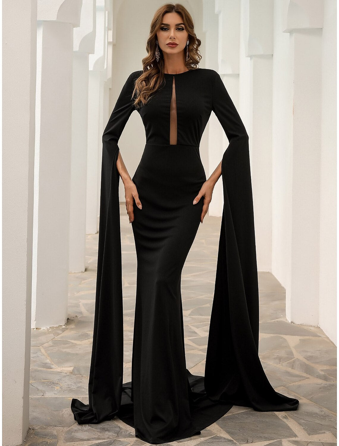Black Crepe Mermaid Floor-Length Gown with Keyhole Neck & Dramatic Cape Sleeves