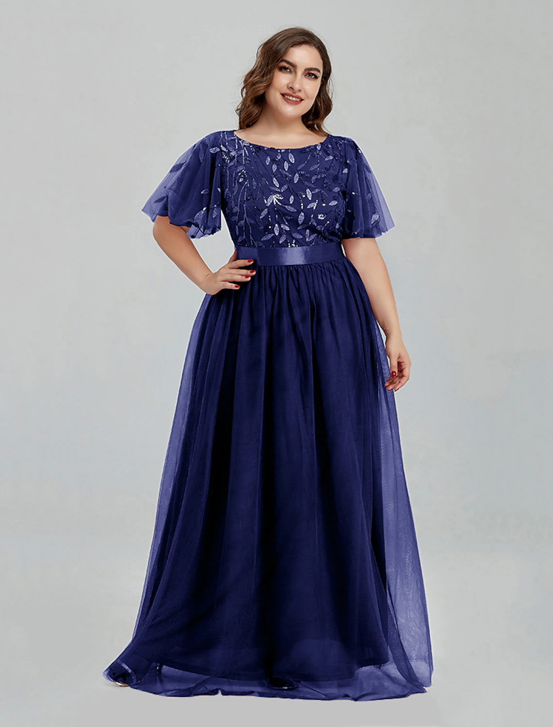 Abiti da ballo a trapezio, abiti floreali, abiti da ospite per matrimoni, abiti da damigella d'onore, lunghi fino al pavimento, maniche corte, scollo gioiello, tulle con ricami