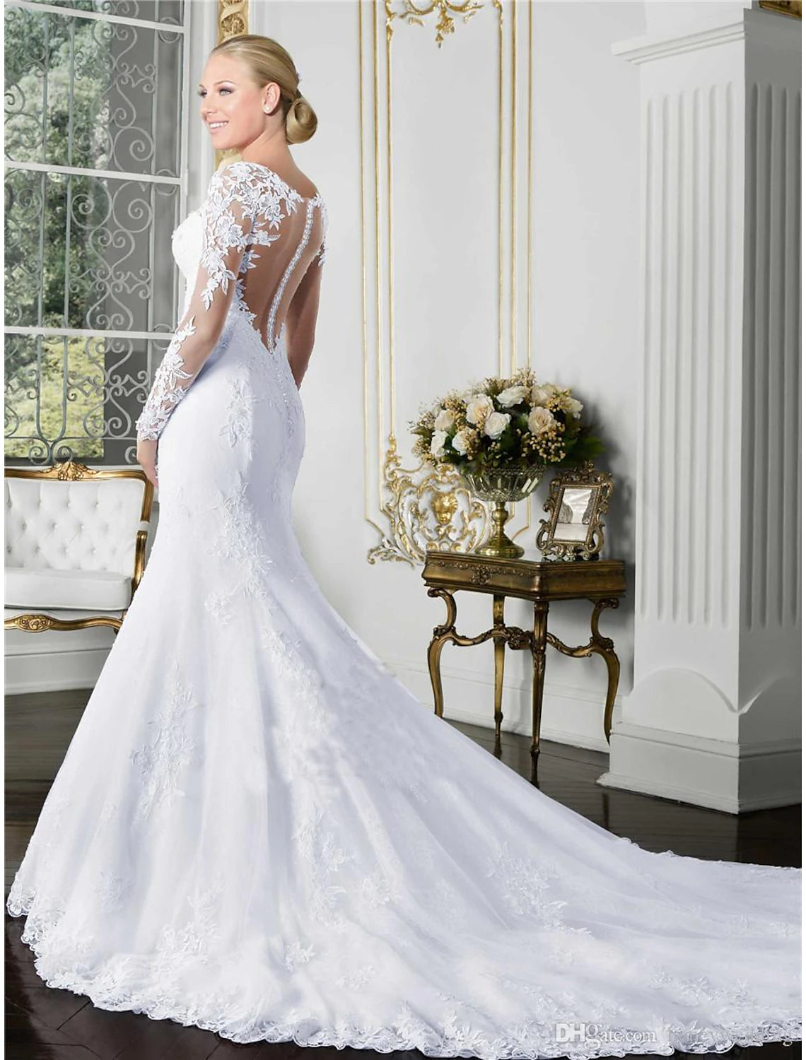 Vestidos de novia formales de otoño con escote sirena/trompeta, ilusión, manga larga, cola de corte, encaje, para boda de verano, ropa de mujer