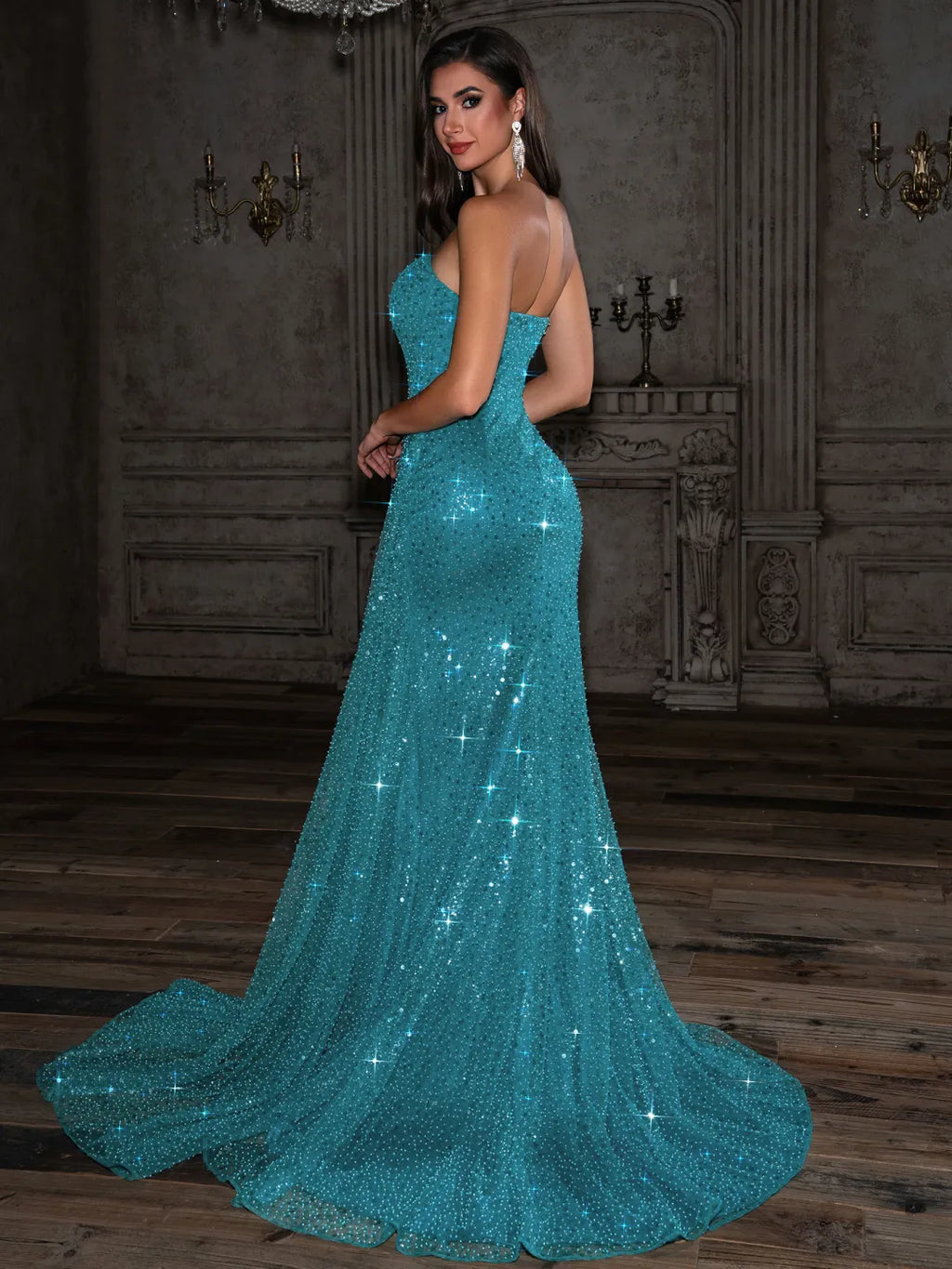 Teal Glitter Fabric Sheath Column Straight Across Open Back Floor-Length Dress - Jimiss