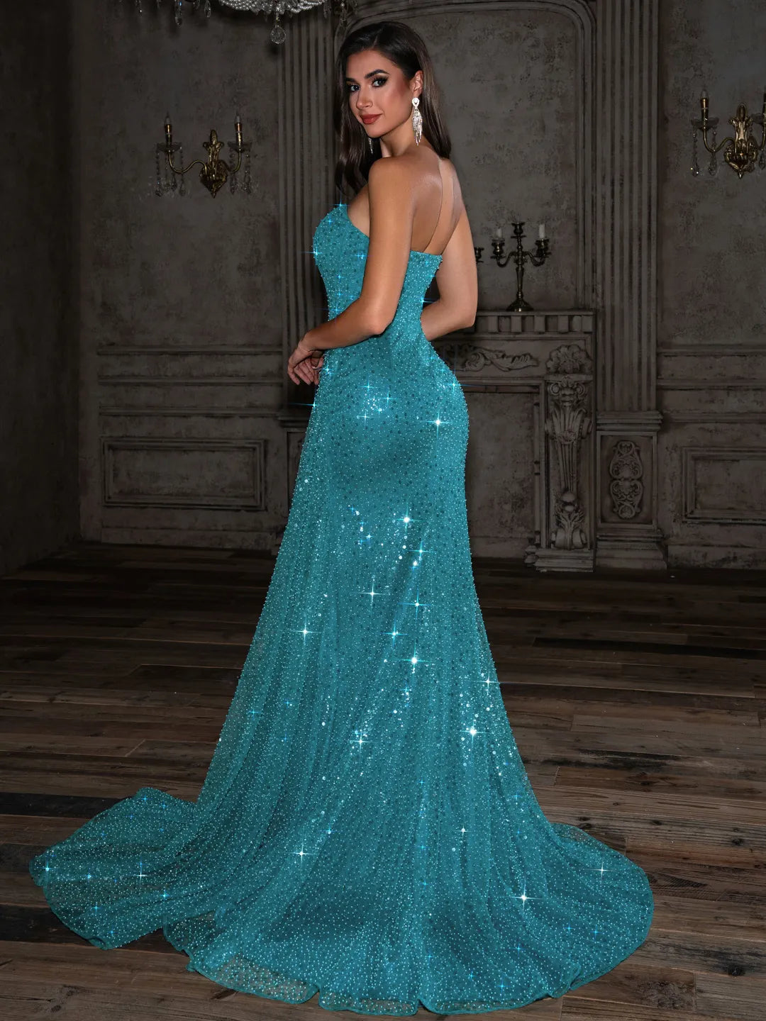 Teal Glitter Fabric Sheath Column Straight Across Open Back Floor-Length Dress - Jimiss