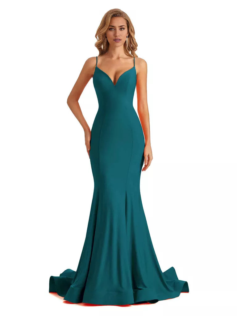 Vestido de dama de honor largo, formal, sin mangas, con escote en V y tirantes finos, de sirena, sexy