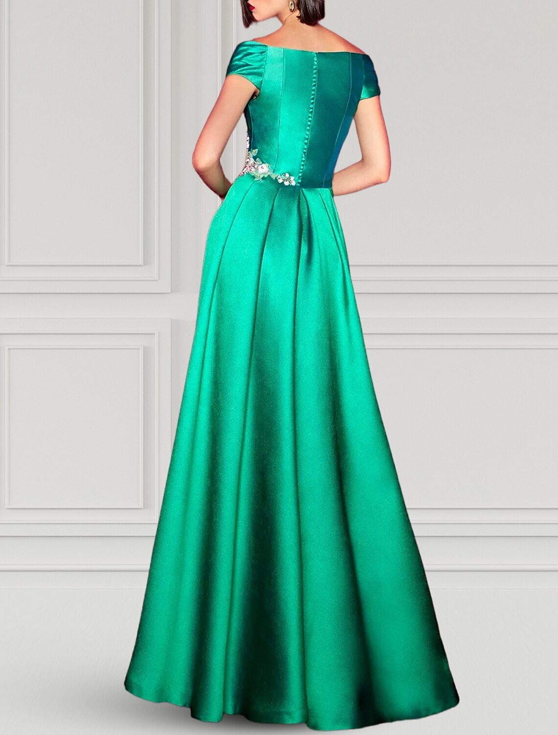 Abito da sera a trapezio, elegante, formale, lungo fino al pavimento, con scollo a V, in raso, con applicazioni a spacco