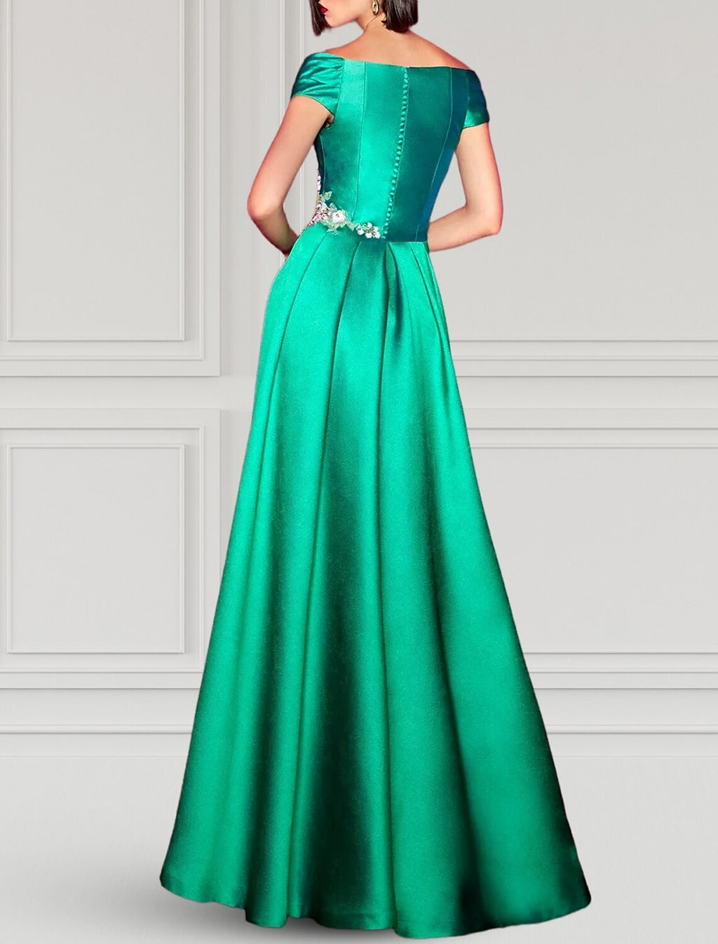 Vestido de noche de corte A, vestido de fiesta, elegante, vestido formal de otoño, largo hasta el suelo, manga corta, cuello en V, satén con apliques de abertura.