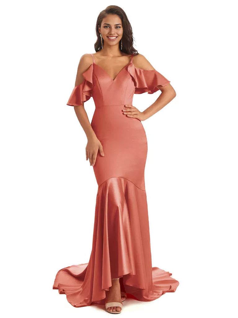 Soft Satin Asymmetric Spaghetti Straps Sleeveless Mermaid Cold Shoulder Bridesmaid Dresses