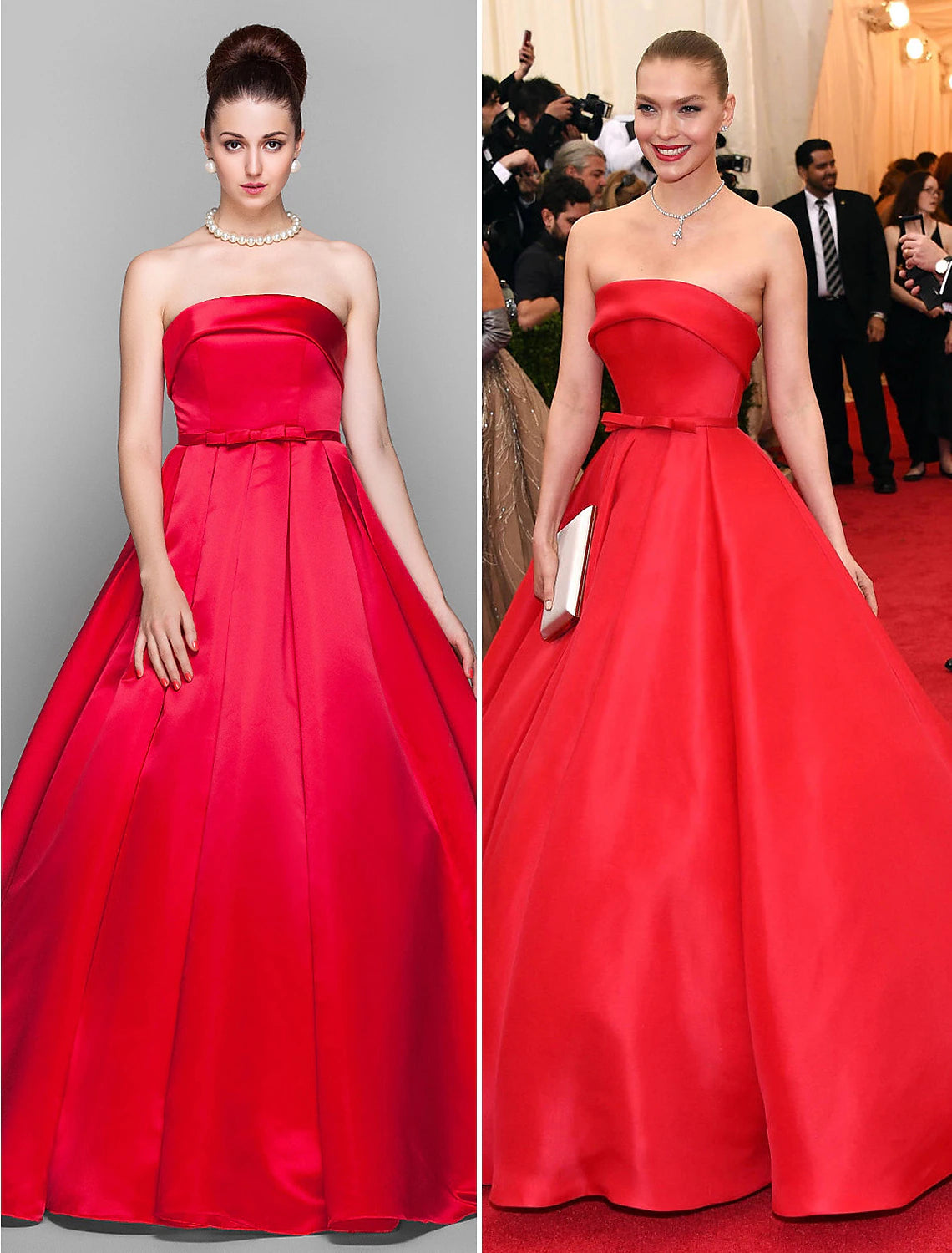 Red Satin A-Line Strapless Straight Neck Floor-Length Gown