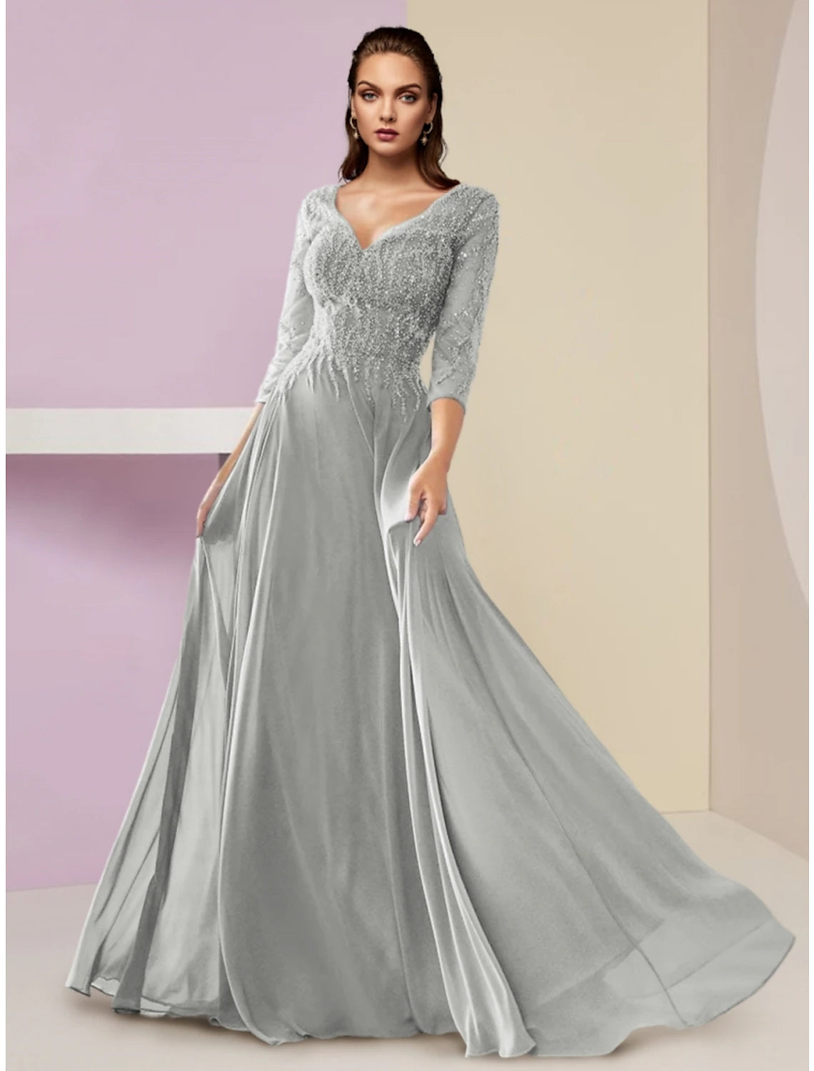 Abito da cerimonia per la madre della sposa, a trapezio, elegante, con scollo a V, lunghezza al pavimento, in chiffon, maniche a 3/4, con arricciature in paillettes