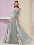 Vestido de madre de la novia de corte A para fiesta de invitados a la boda, elegante escote en V, largo hasta el suelo, de gasa, manga 3/4 con fruncido de lentejuelas