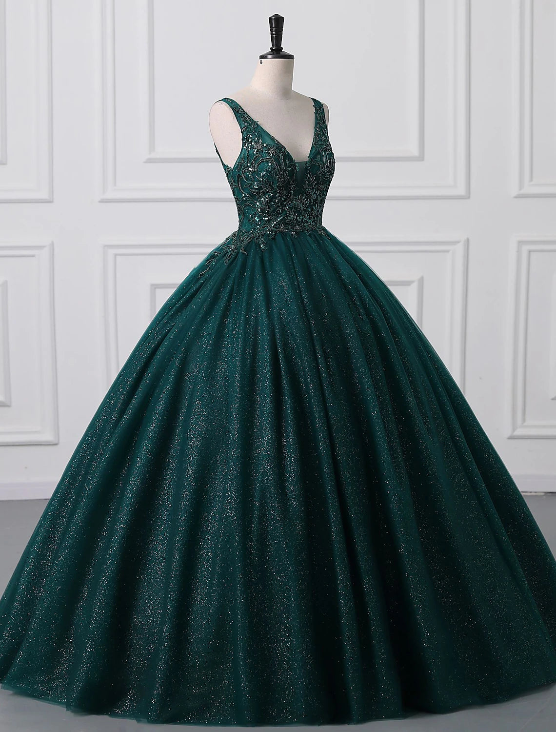 Emerald Glitter Ball Gown Floor-Length Evening Dress with Sequin Bodice