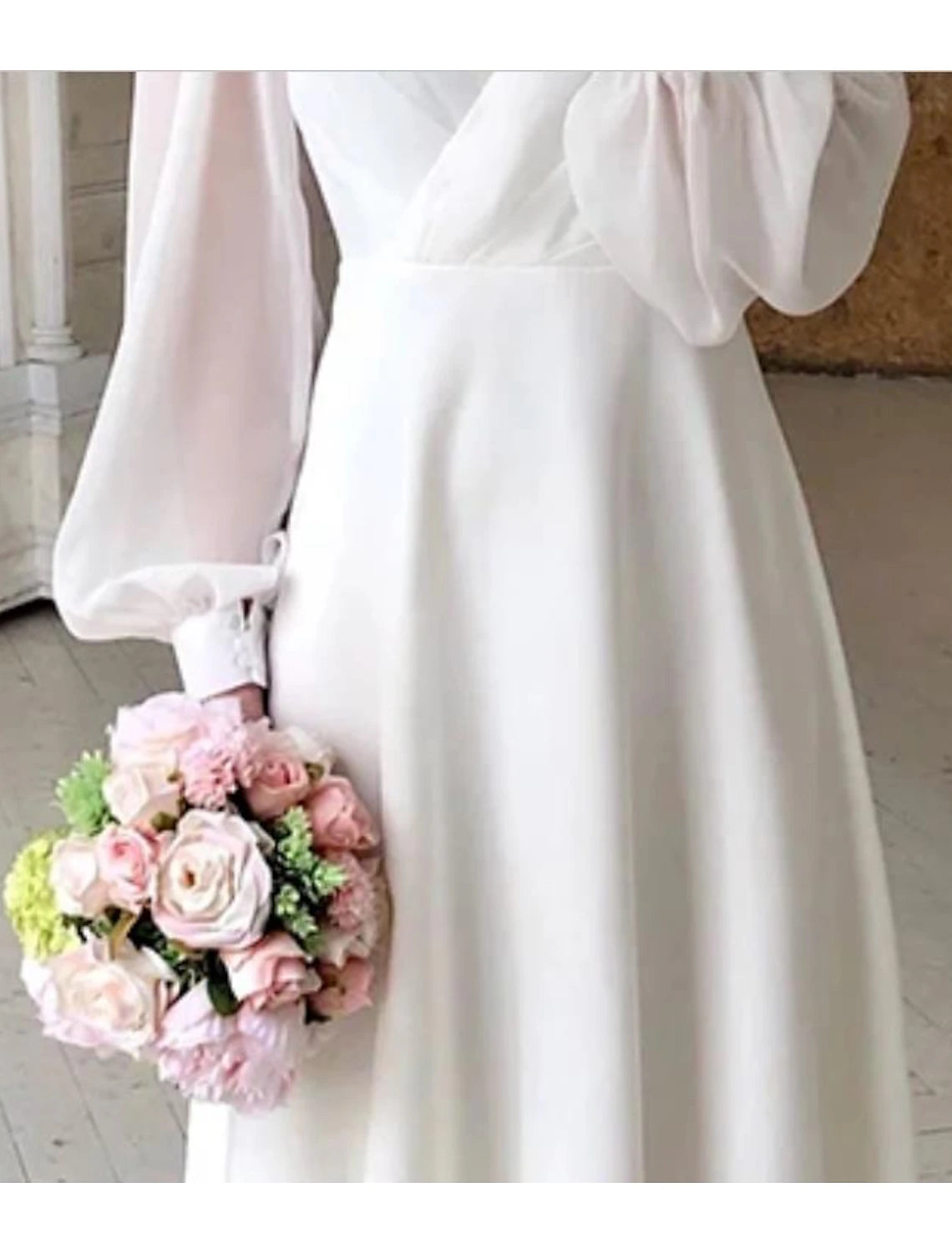 Vestidos de novia blancos cortos de recepción, vestidos de novia de corte A, cuello en V, manga larga, largo hasta los tobillos, vestidos de novia de gasa con color sólido
