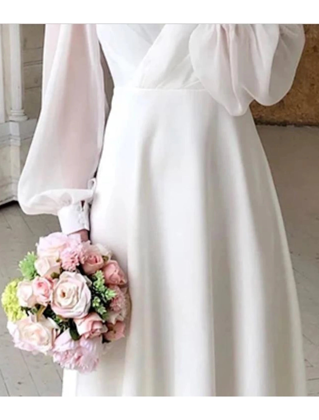 Ivory Satin A-Line Tea-Length Bridesmaid Dress with High Neck and Voluminous Puff Sleeves