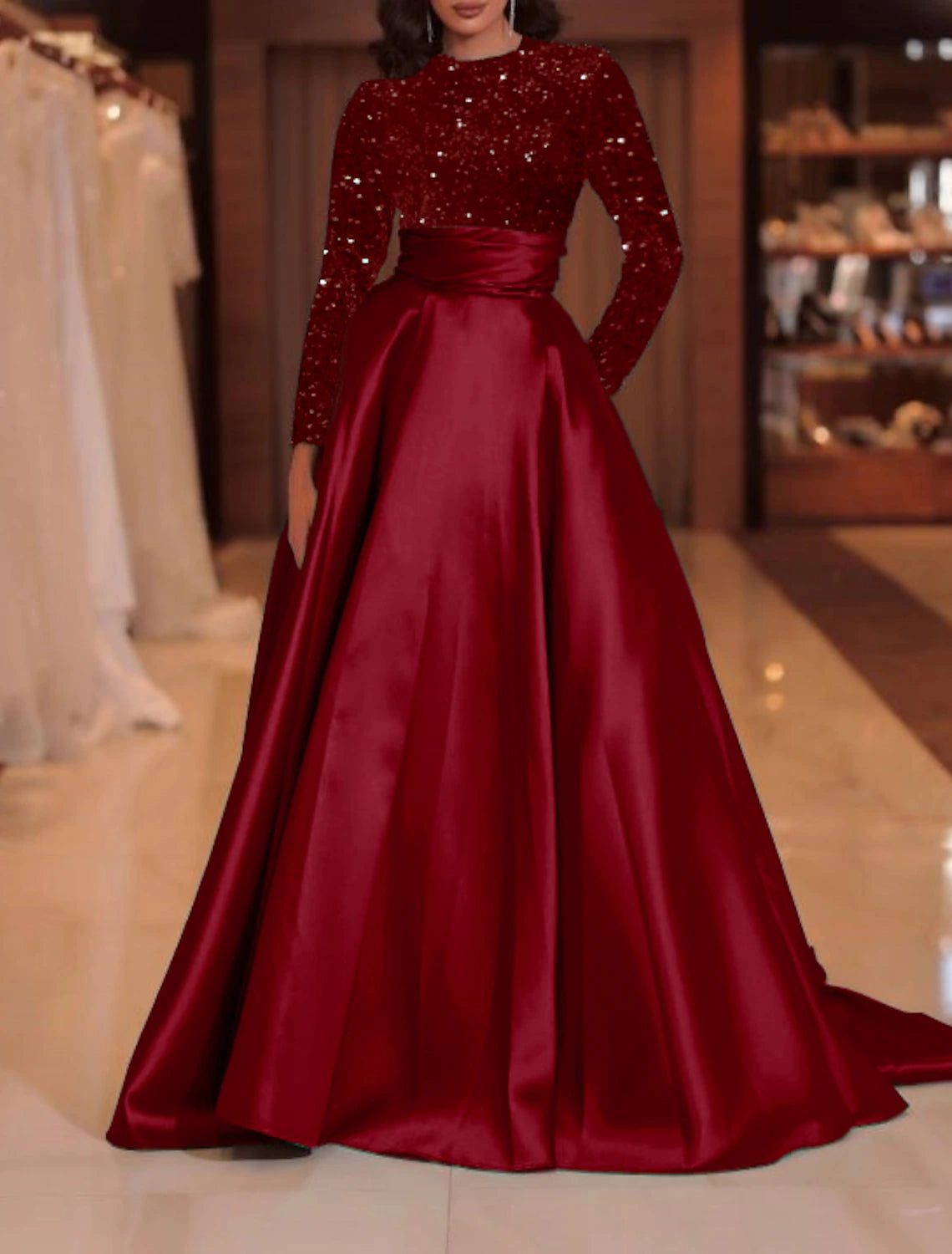 A-Line Evening Gown Sparkle Christmas Red Green Dress Formal Cocktail Party Court Train Long Sleeve High Neck Fall Wedding Guest Satin with Sequin 2025