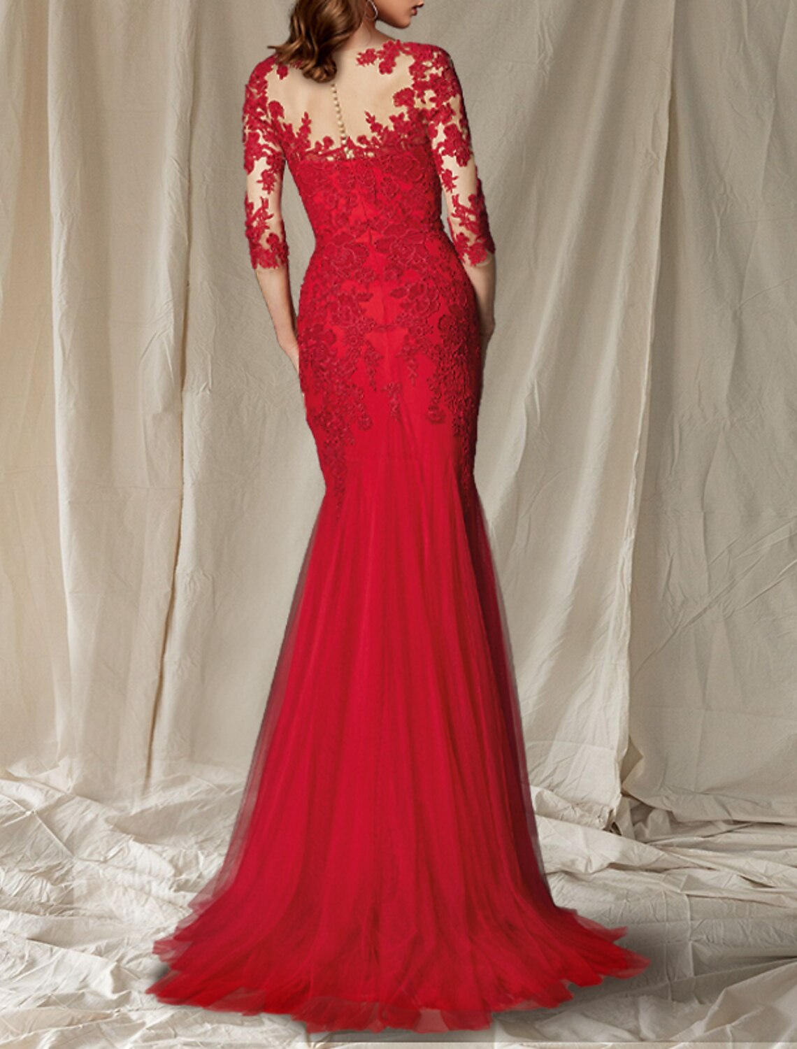 Vestido de sirena/trompeta para madre de la novia, lujoso y elegante, escote en V, cola larga/cortada, encaje, tul, media manga con pliegues y apliques