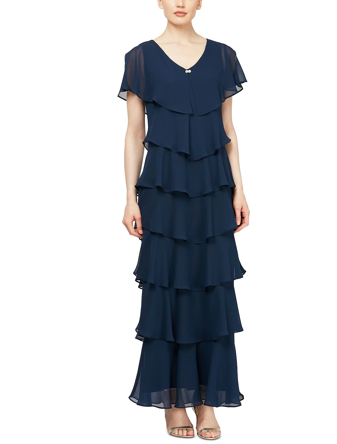 Dark Navy Chiffon Tiered V-Neck Floor-Length Evening Dress